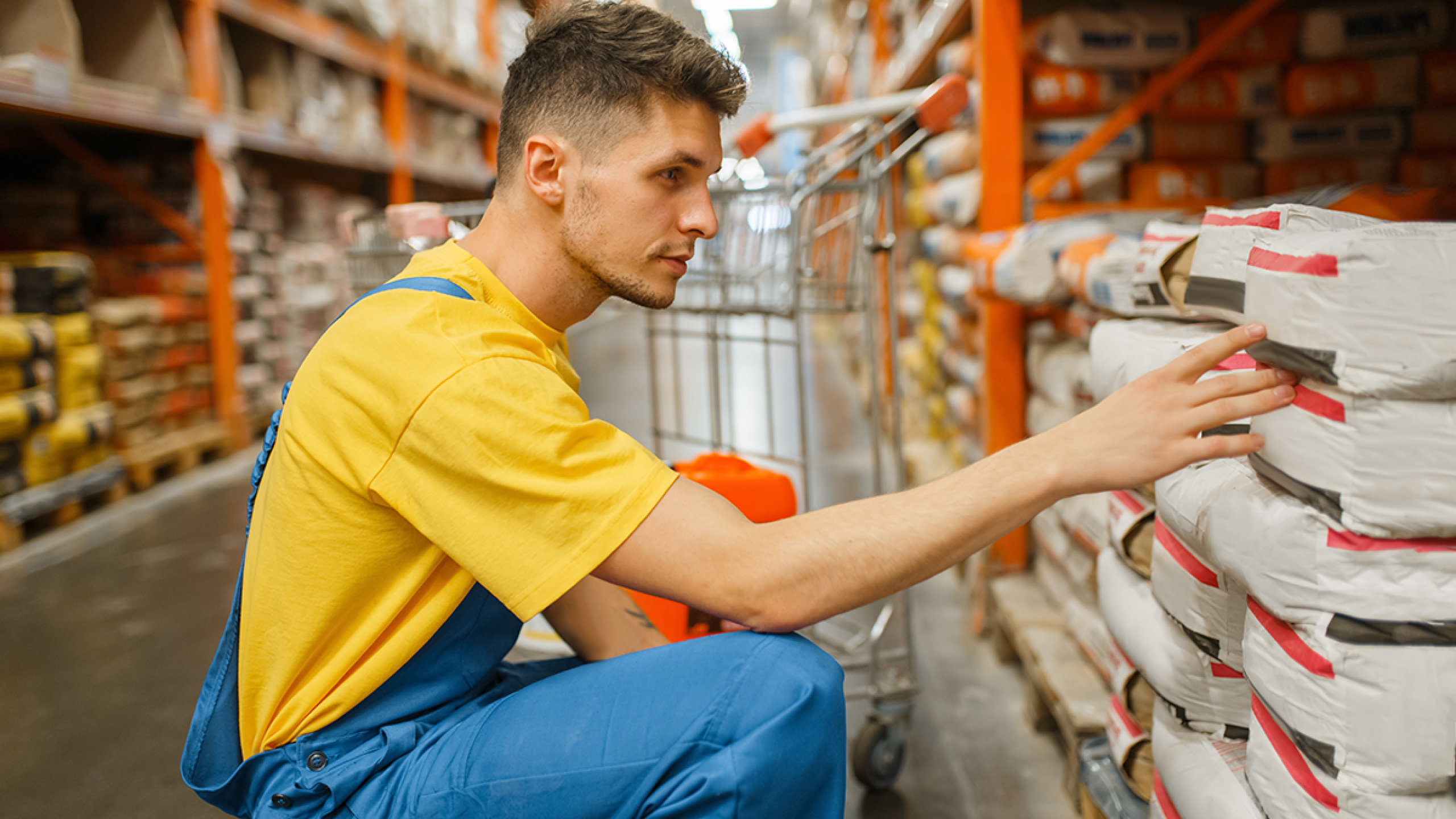 Man in magazijn met bouwmaterialen